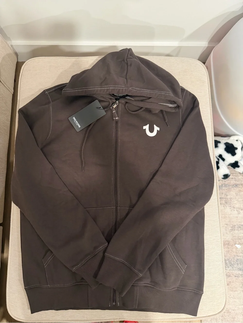 True Religion Brown Full-Zip Hoodie with White Horseshoe Logo